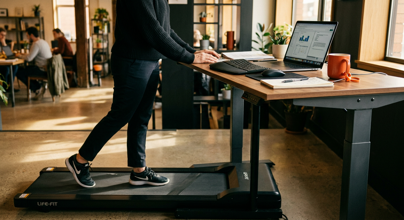Editorial illustration for The Enduring Desk Treadmill Fad: Assessing Evidence and Value