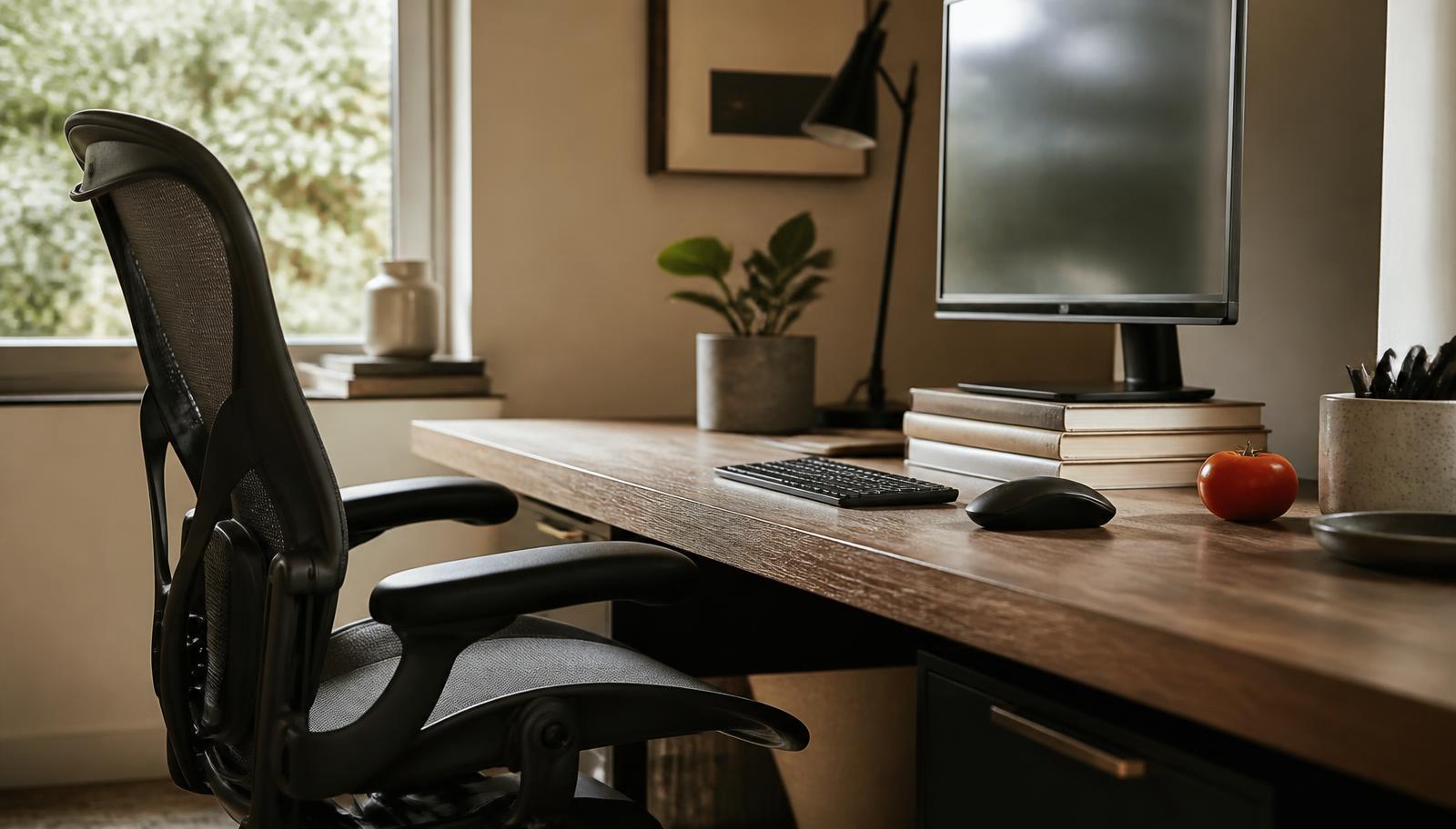 A home-office desk with the monitor raised to eye level on a stack of books, an ergonomic chair, and a flat keyboard close to the desk edge